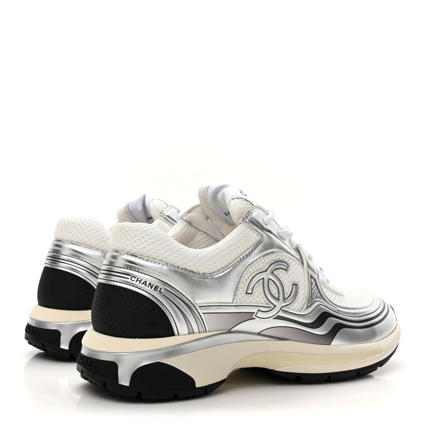 Fabric Laminated Calfskin Stretch CC Womens Sneakers 40 White Silver