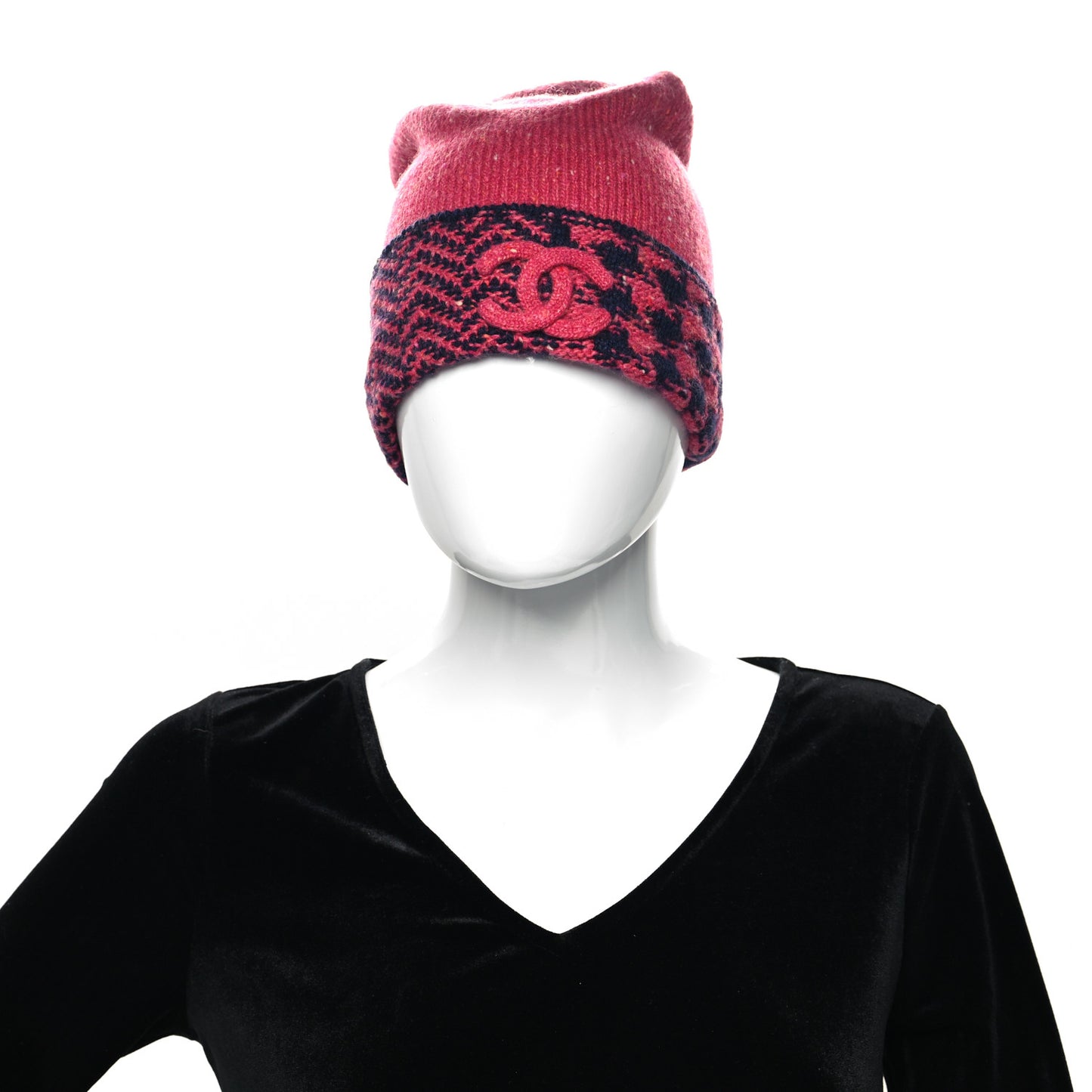 Cashmere Quilted CC Beanie Hat Pink Navy Blue