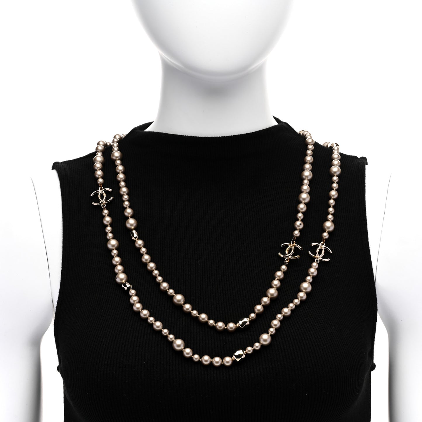 Pearl CC Long Necklace Gold Pearly Beige