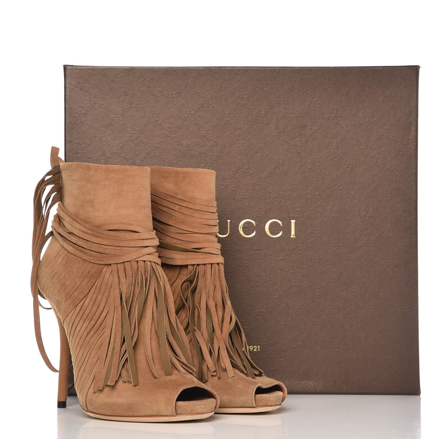 Gucci Suede Akerman Peep Toe Ankle Boots 36.5 Camel 9 of 9