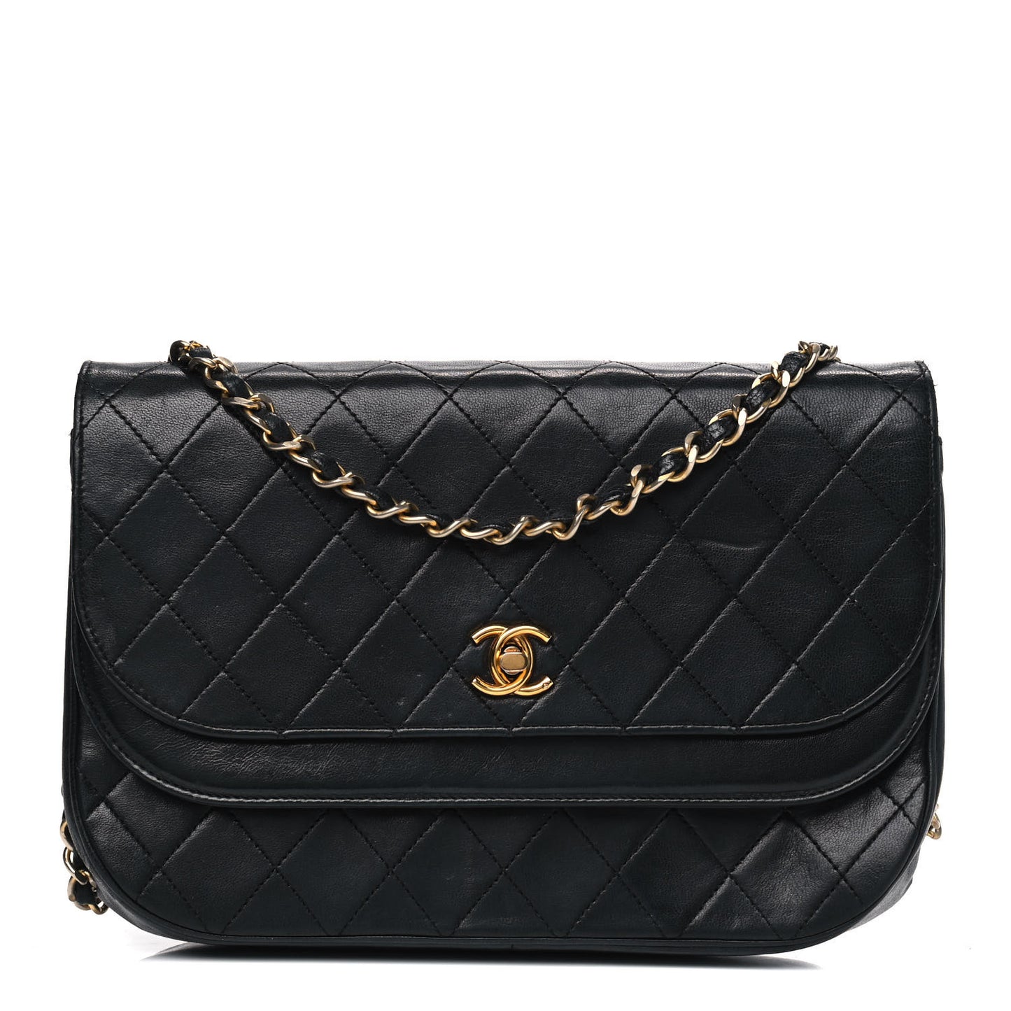 Lambskin Quilted Medium Round Double Flap Black