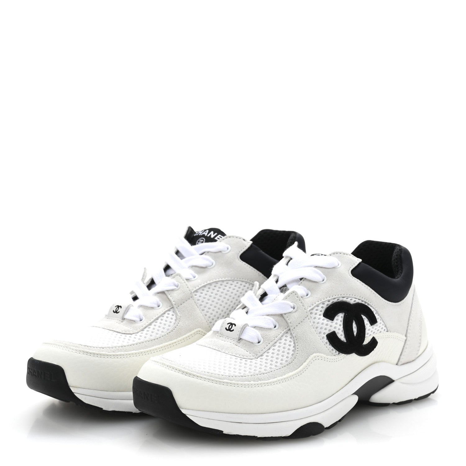 Chanel Mesh Suede Calfskin Grained Calfskin Womens CC Sneakers 37.5 White Black 4 of 8