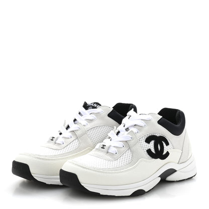 Chanel Mesh Suede Calfskin Grained Calfskin Womens CC Sneakers 37.5 White Black 4 of 8