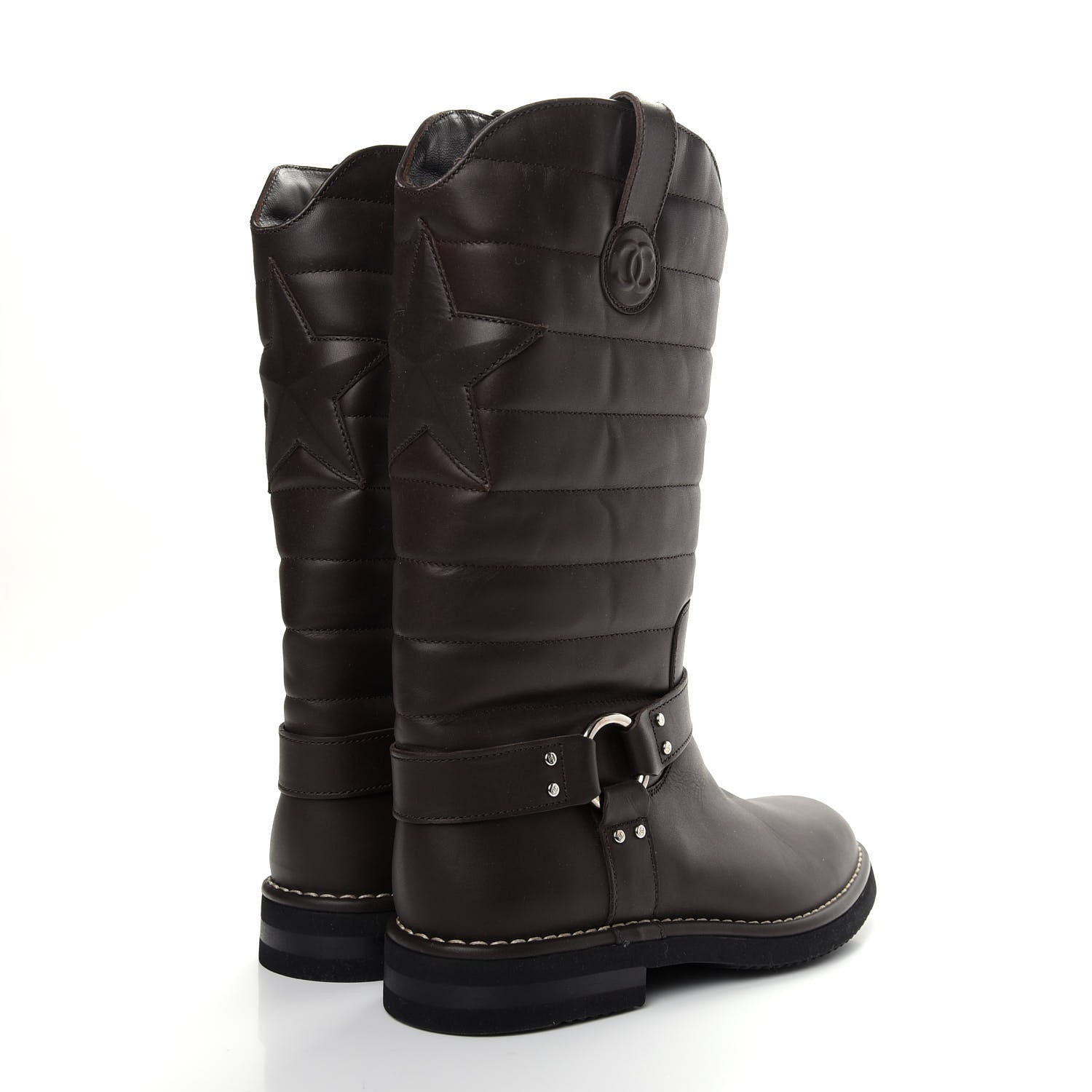 Chanel Calfskin Star Quilted Biker Boots 39.5 Brown 4 of 9