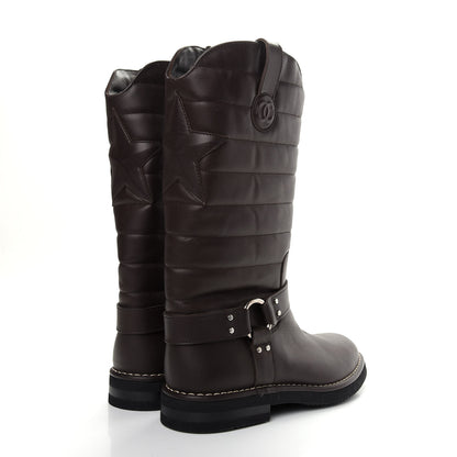 Chanel Calfskin Star Quilted Biker Boots 39.5 Brown 4 of 9