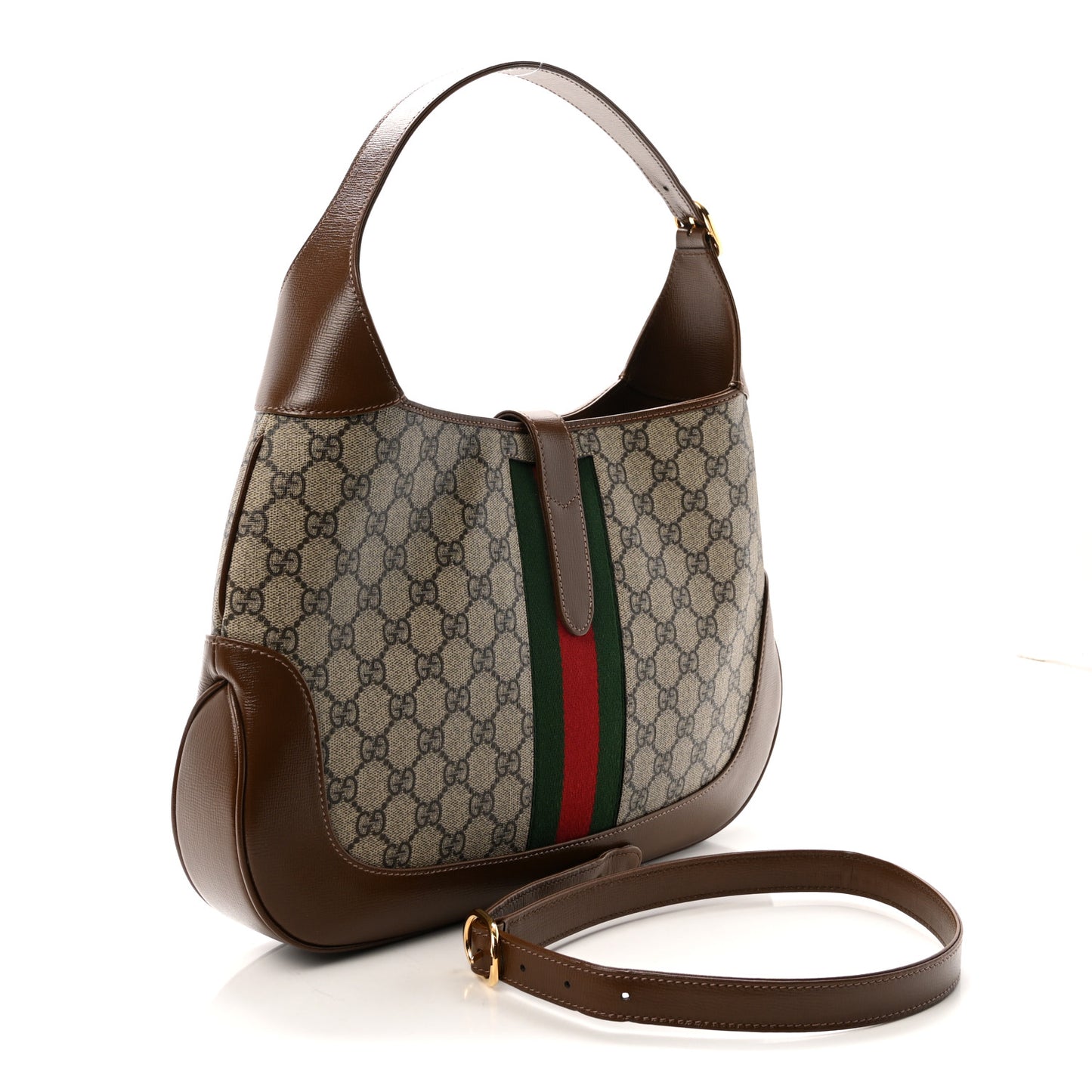 GG Supreme Monogram Azalea Calfskin Web Medium Jackie 1961 Hobo Beige Ebony Brown Sugar