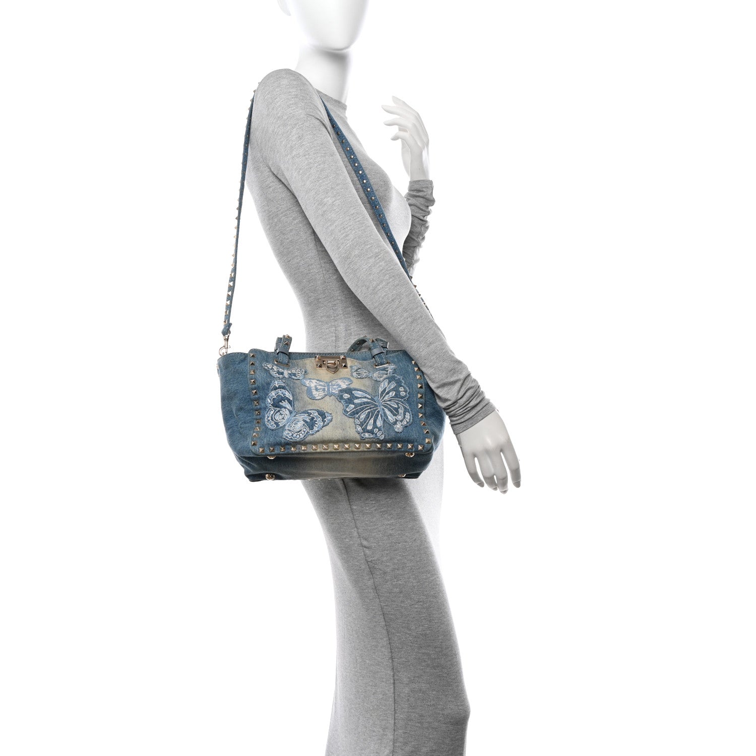Valentino Garavani Denim Butterfly Embroidered Small Rockstud Tote Light Denim 2 of 9