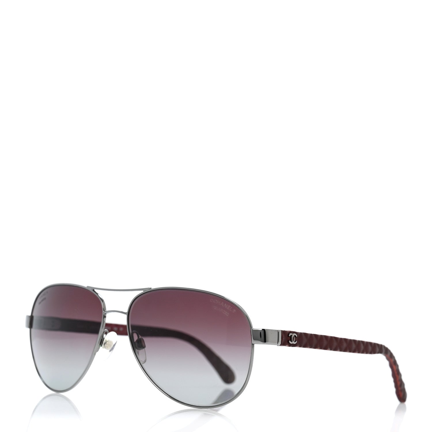 Chanel Metal Lambskin Quilted CC Pilot Summer Aviator Sunglasses 4204-Q Silver Burgundy 1 of 9