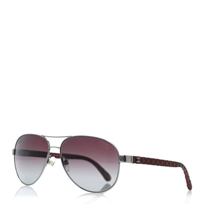 Chanel Metal Lambskin Quilted CC Pilot Summer Aviator Sunglasses 4204-Q Silver Burgundy 1 of 9