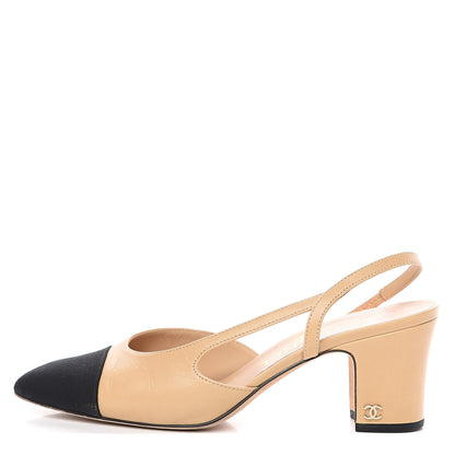 Chanel Goatskin Grosgrain Cap Toe CC Slingback Pumps 38 Beige Black 1 of 9