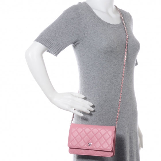 Lambskin Quilted Wallet On Chain Pink WOC