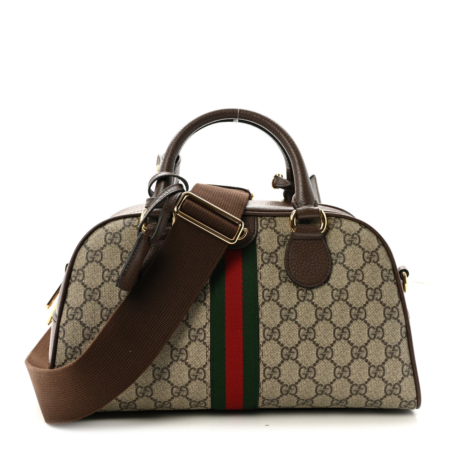 Gucci GG Supreme Monogram Textured Dollar Calfskin Web Medium Ophidia Top Handle Bowler Bag Beige Ebony New Acero 1 of 10