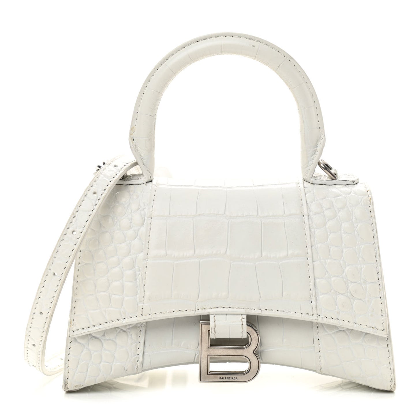 Shiny Calfskin Crocodile Embossed Hourglass Top Handle Bag XS White