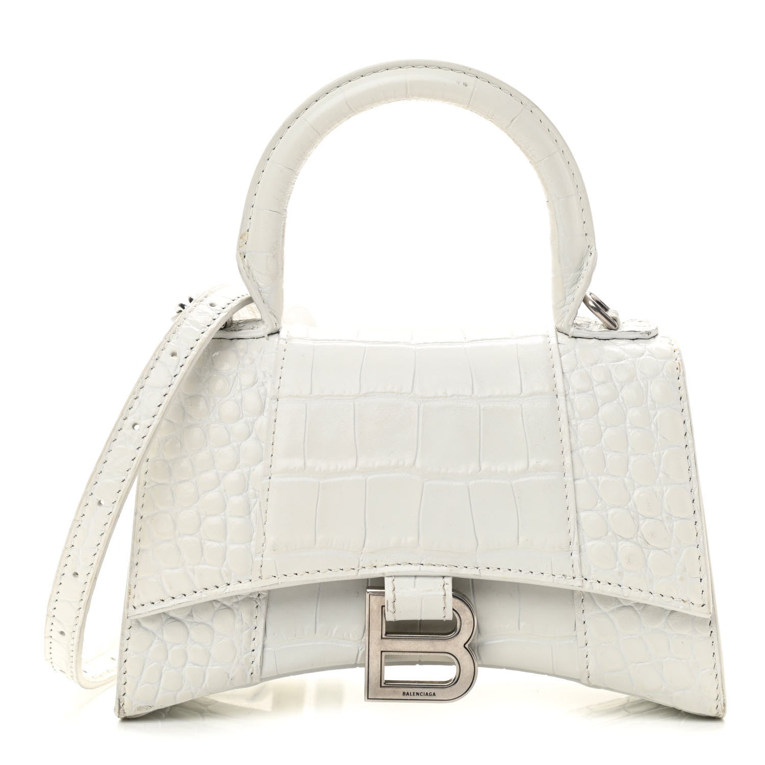 Balenciaga Shiny Calfskin Crocodile Embossed Hourglass Top Handle Bag XS White 1 of 13