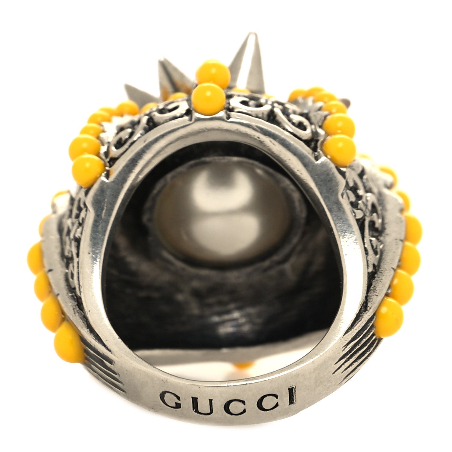 Gucci Pearl Beaded Spiked Ring 70 13 Silver Yellow 3 of 4