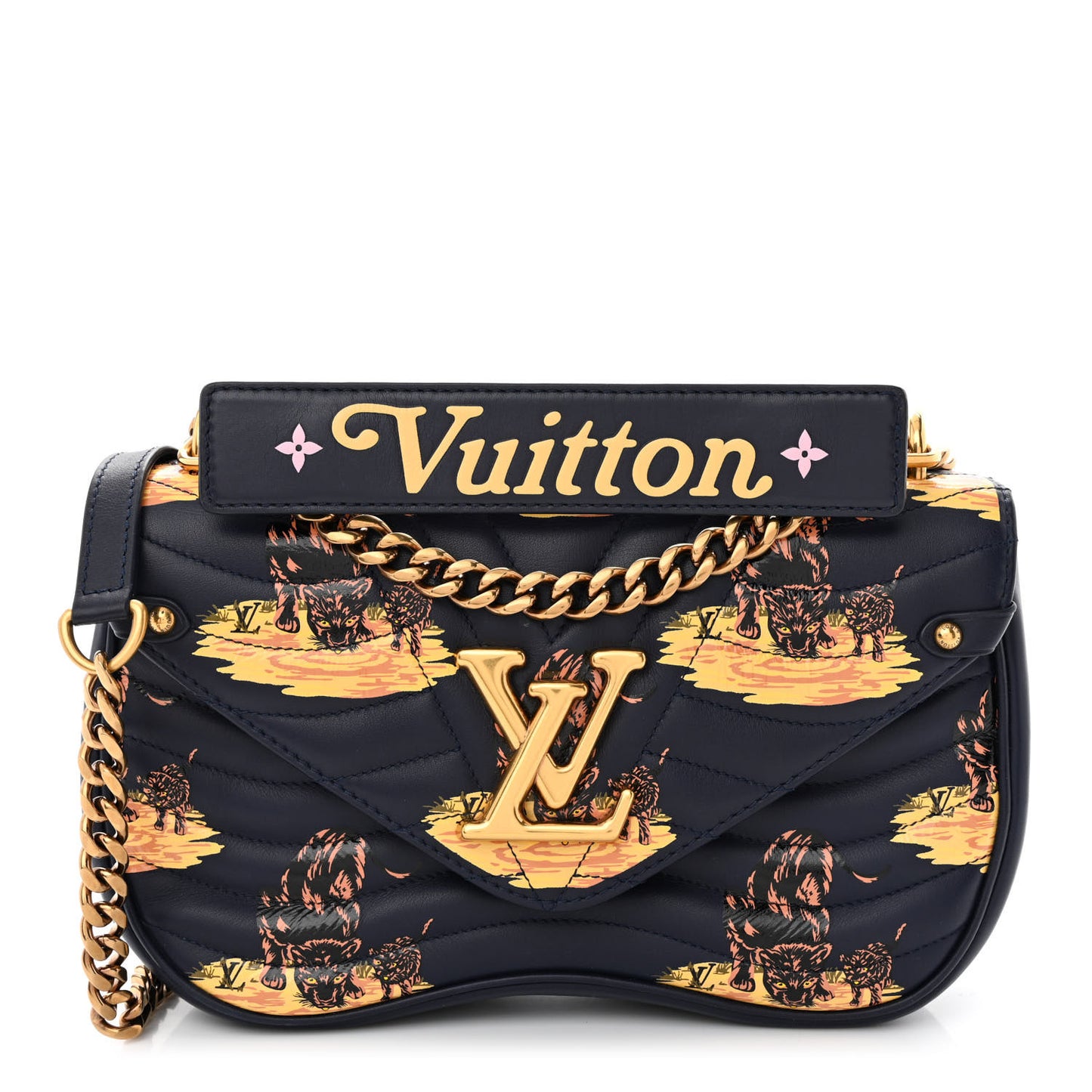 Calfskin Leopard Print New Wave Chain MM Navy