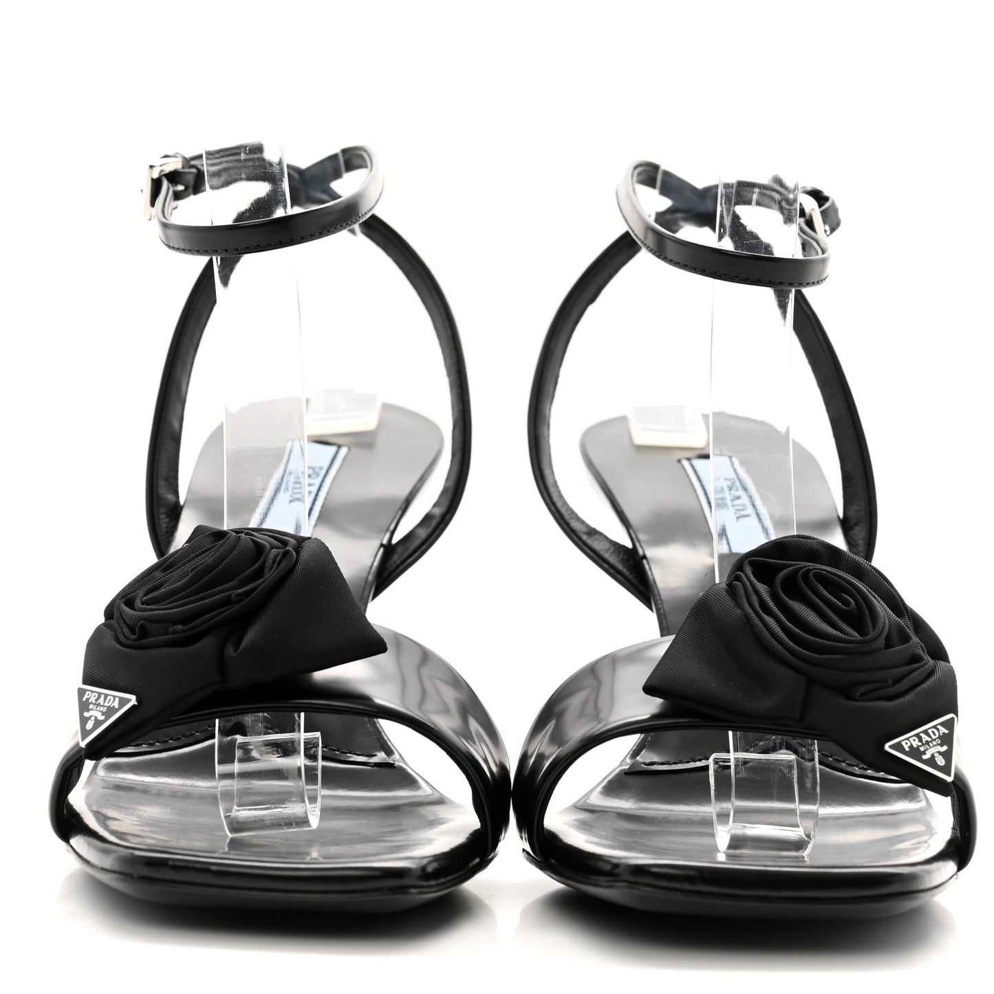 Vernice Nylon Flower Metal Triangle Logo Open Toe 65mm Sandals 38.5 Black