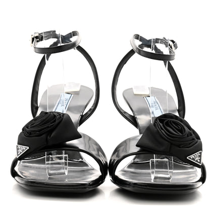 Prada Vernice Nylon Flower Metal Triangle Logo Open Toe 65mm Sandals 38.5 Black 3 of 10