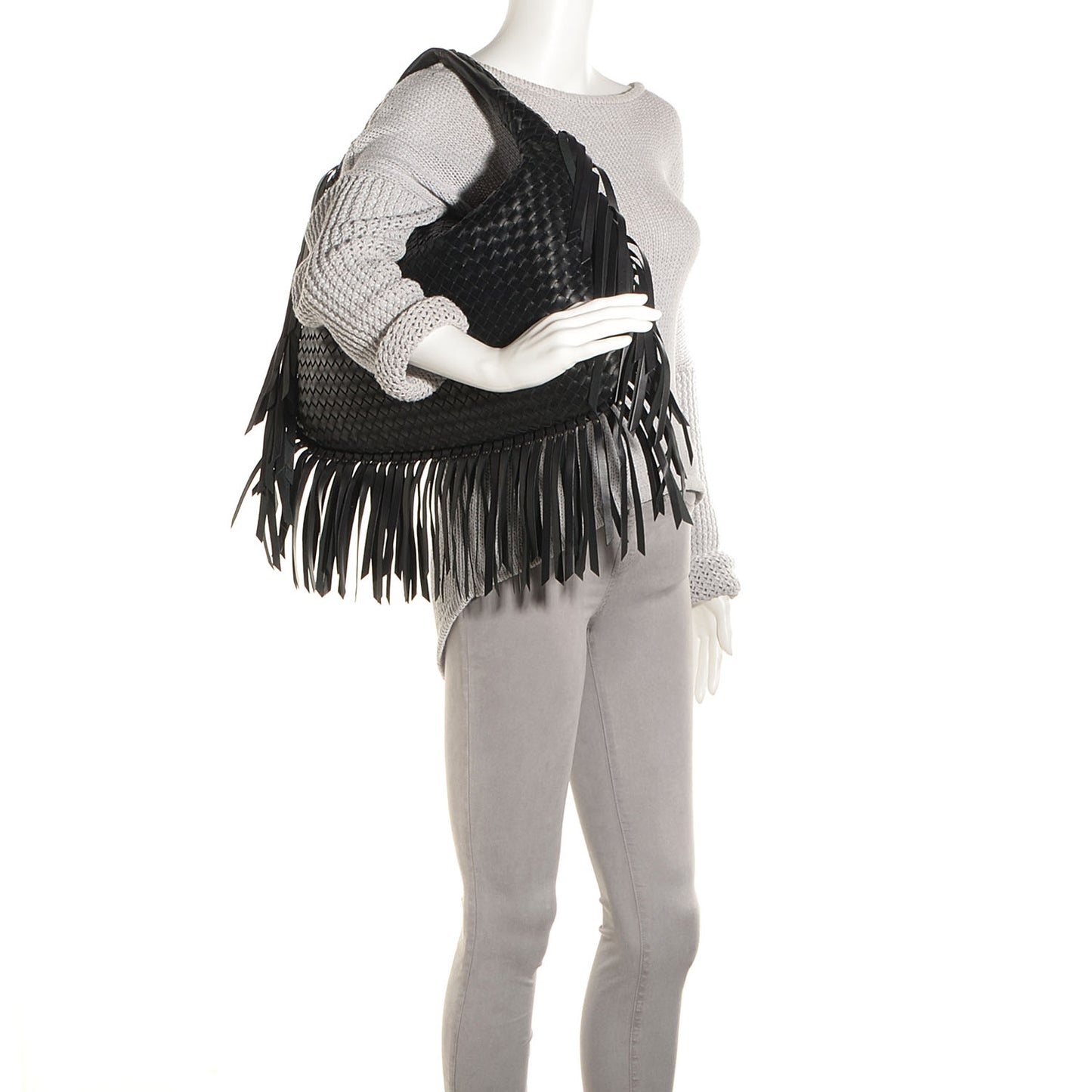 Nappa Intrecciato Veneta Large Fringed Hobo Nero Black