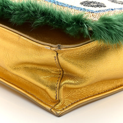 Fendi Metallic Calfskin Beaded Mink Studded Daisy Clutch Gold Multicolor 10 of 10