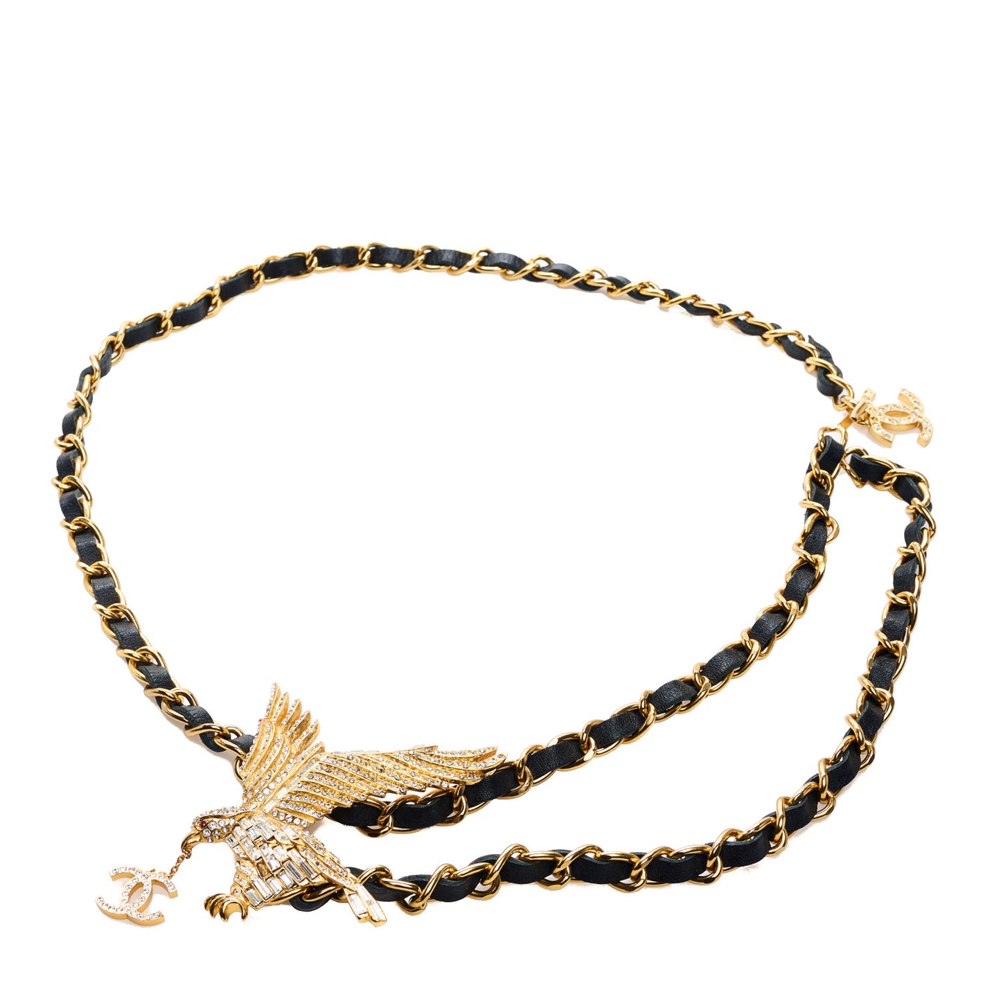 Lambskin Crystal Eagle Chain CC Belt Black Gold