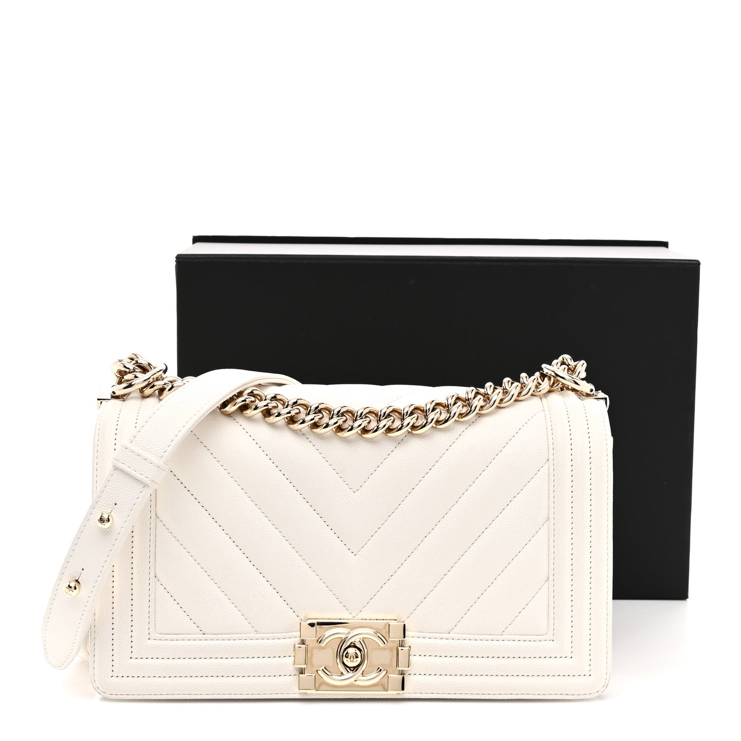 Caviar Chevron Quilted Medium Boy Flap White