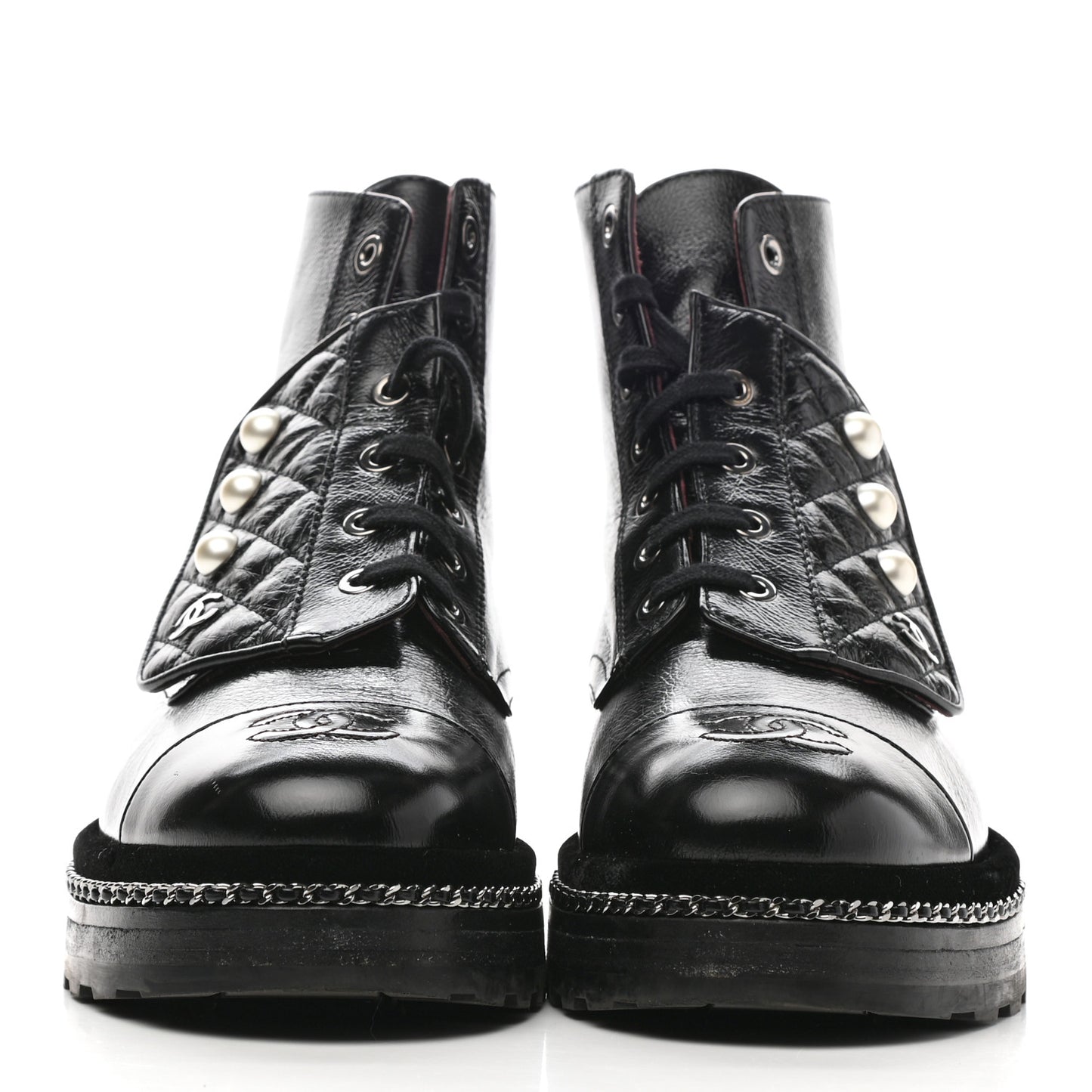Crackled Calfskin Velvet Pearl Combat Short Boots 39.5 Black
