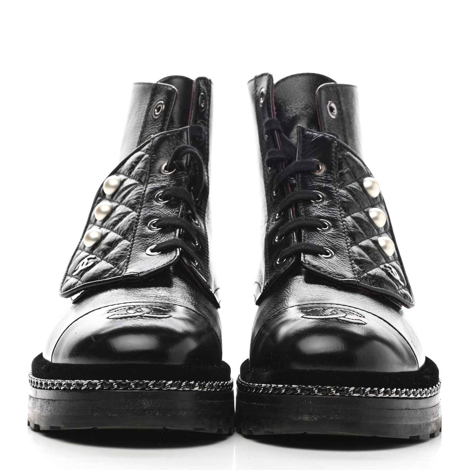 Chanel Crackled Calfskin Velvet Pearl Combat Short Boots 39.5 Black 2 of 8