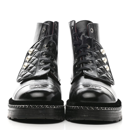 Chanel Crackled Calfskin Velvet Pearl Combat Short Boots 39.5 Black 2 of 8