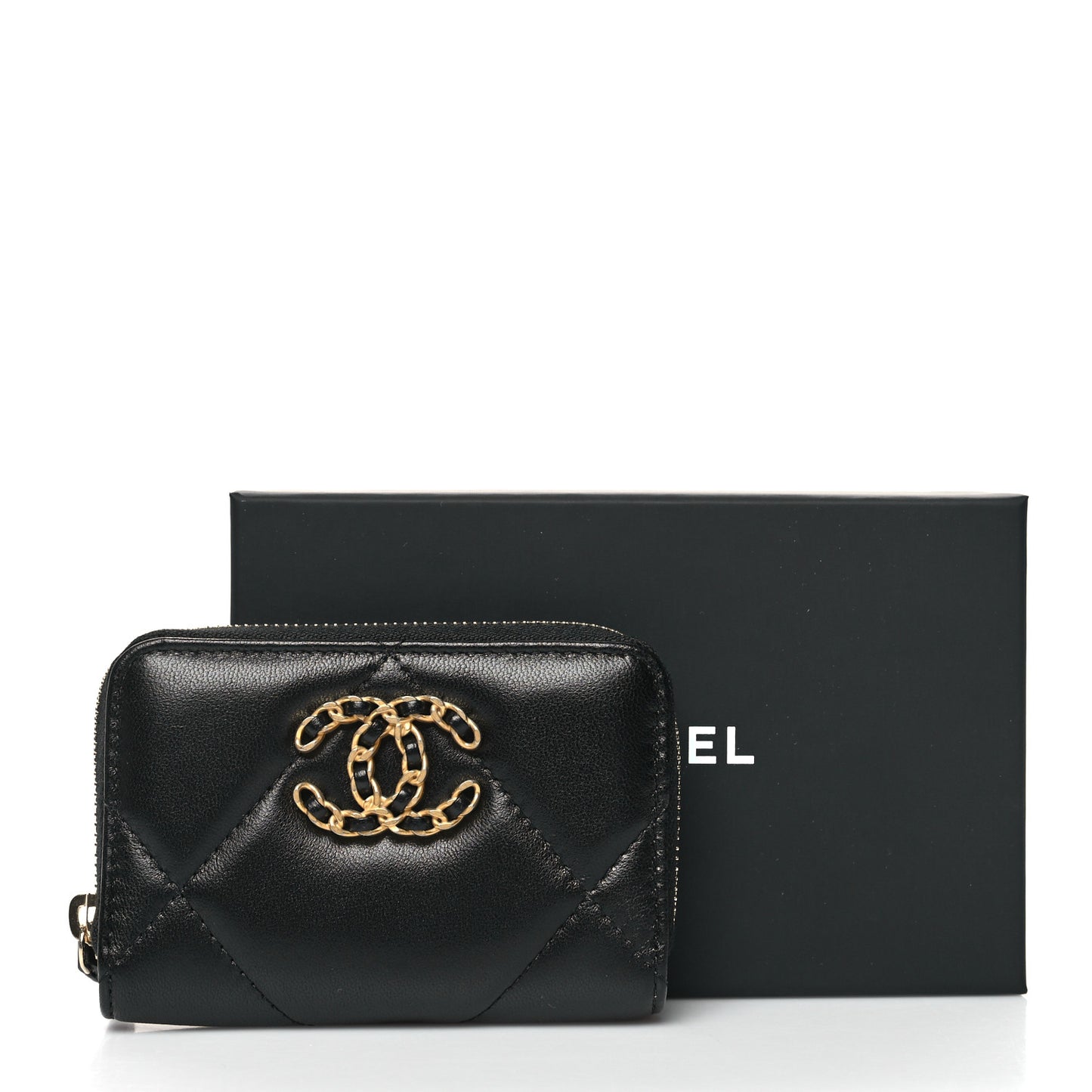 Lambskin Quilted Chanel 19 Zip Around Coin Purse Wallet Black