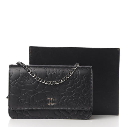 Chanel Goatskin Camellia Embossed Wallet on Chain WOC Black 15 of 15