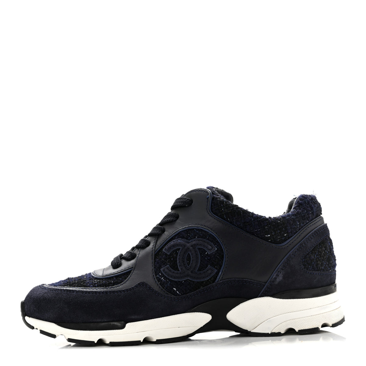 Chanel Tweed Suede Womens CC Sneakers 37.5 Black Blue 1 of 9