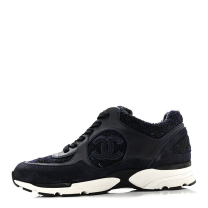 Chanel Tweed Suede Womens CC Sneakers 37.5 Black Blue 1 of 9