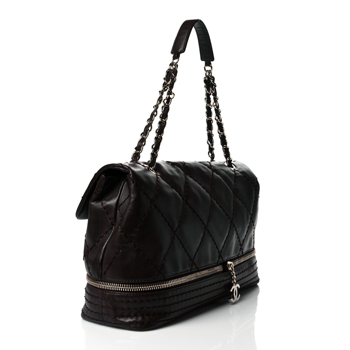 Calfskin Stitched Large Expandable Flap Bag Brown
