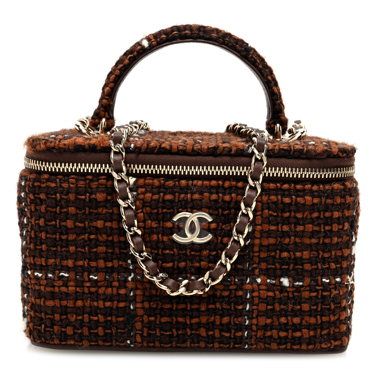 Tweed Small Top Handle Vanity Case With Chain Brown Multicolor