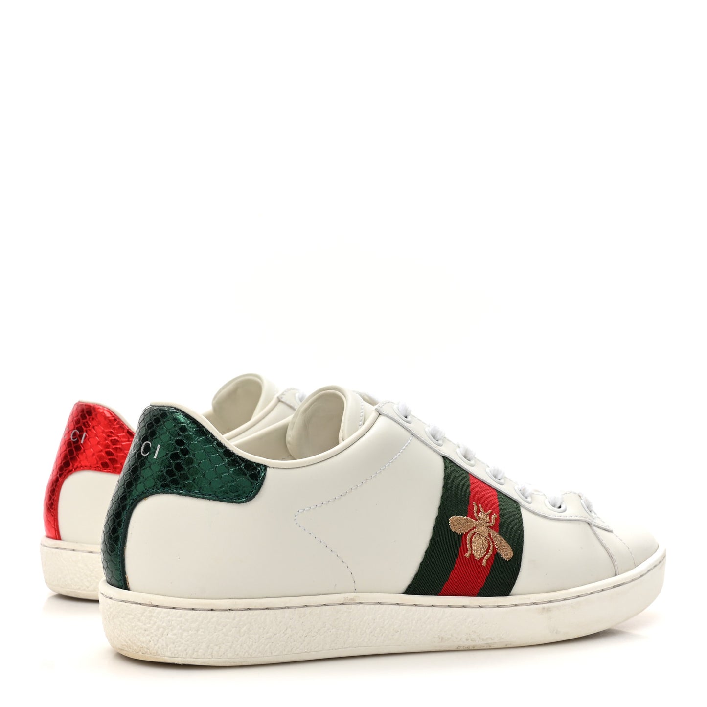 Calfskin Ayers Bee Embroidered Womens Ace Sneakers 37 White Red Flame Green