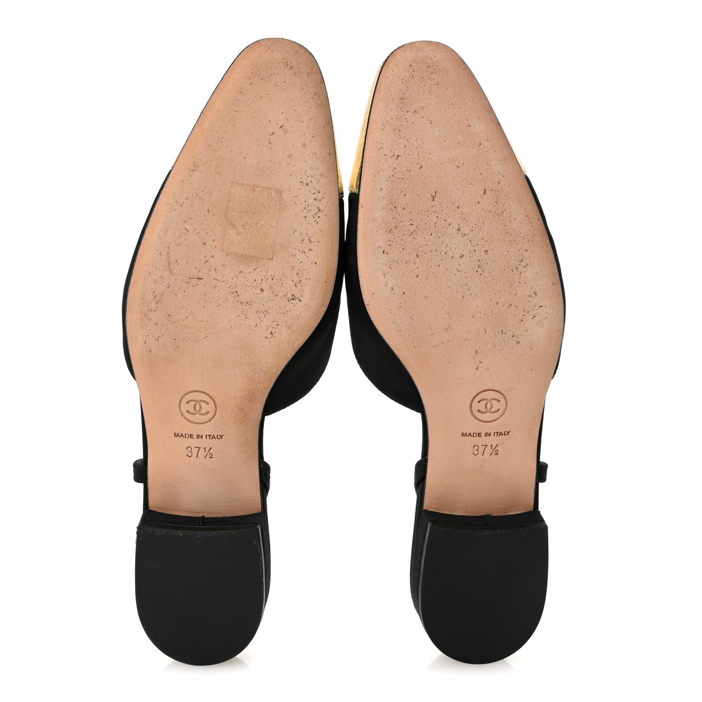 Laminated Lambskin Grosgrain Cap Toe CC Slingback Flats 37.5 Black Gold