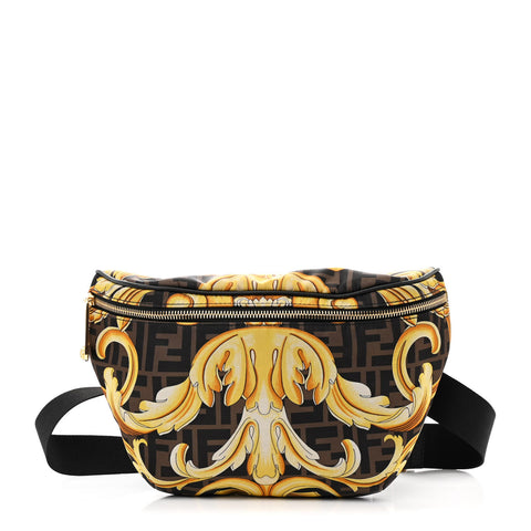 X VERSACE Nylon Cuoio Romano Fendace FF Baroque Belt Bag Black Gold