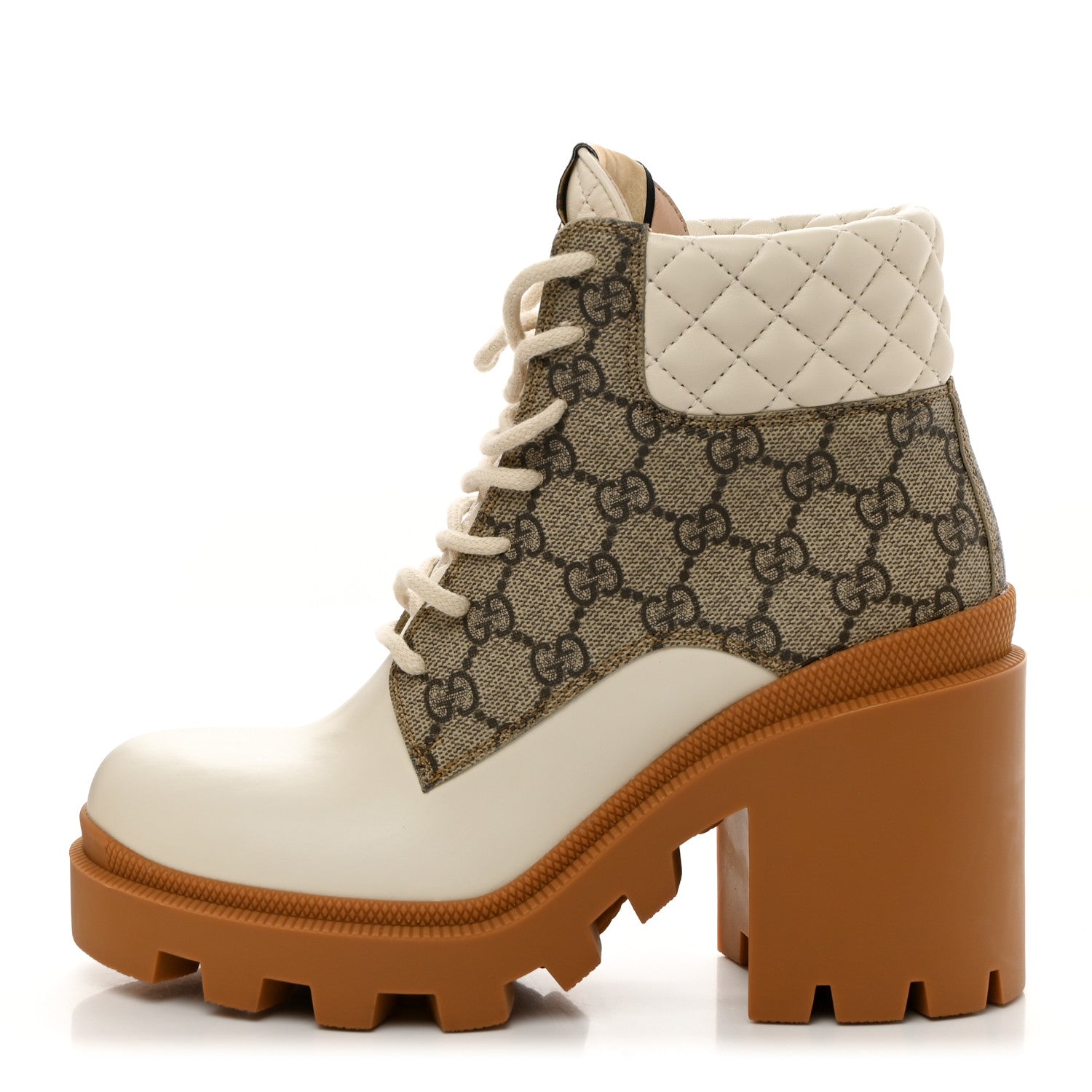 Gucci Calfskin GG Supreme Monogram Nappa Quilted Lace Up Ankle Boots 36.5 Mystic White Beige 1 of 9