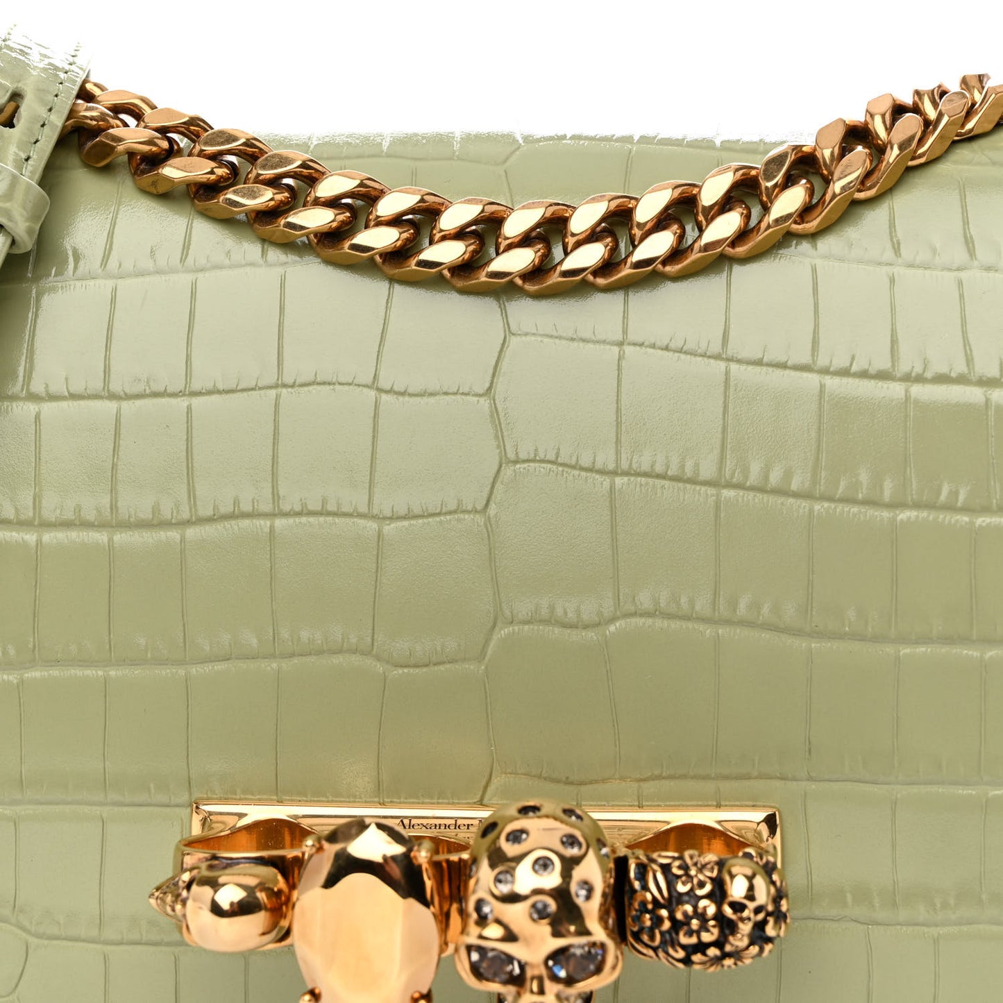 Shiny Crocodile Embossed Jeweled Satchel Sage