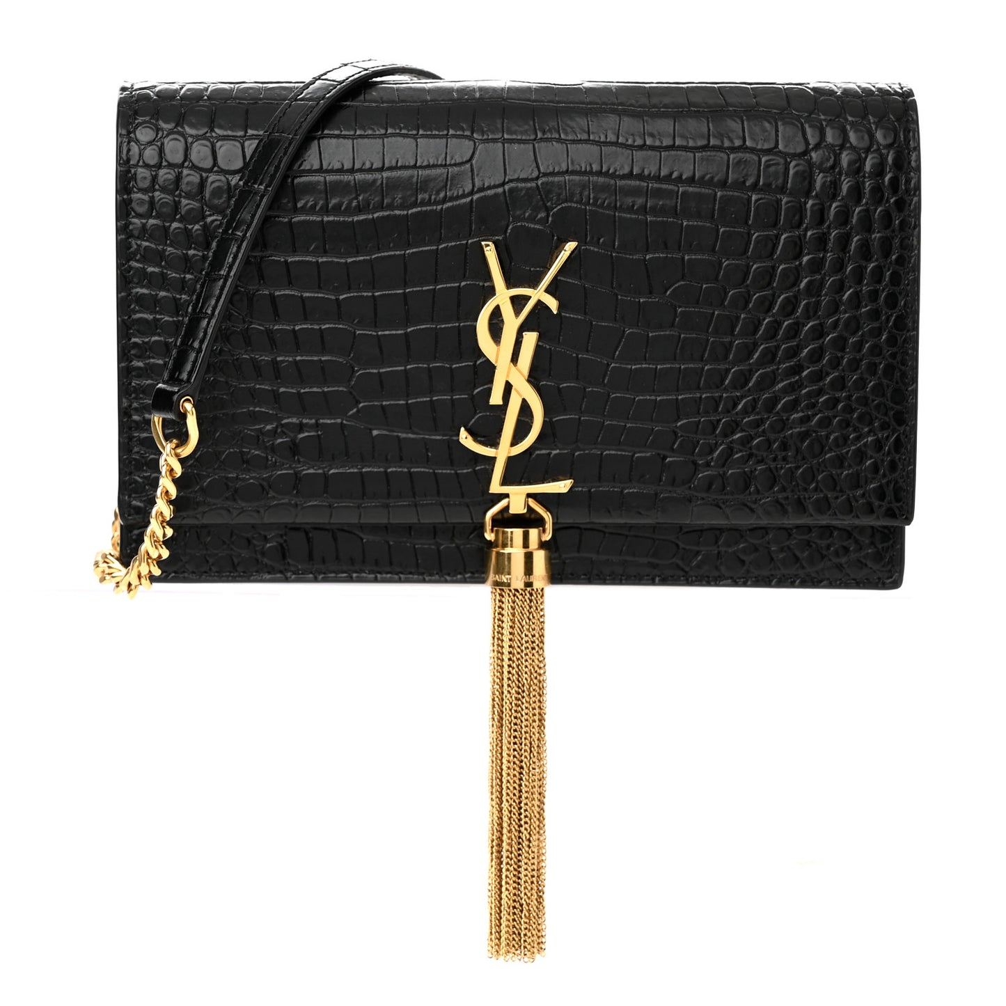 Calfskin Crocodile Embossed Kate Monogram Tassel Chain Wallet Black
