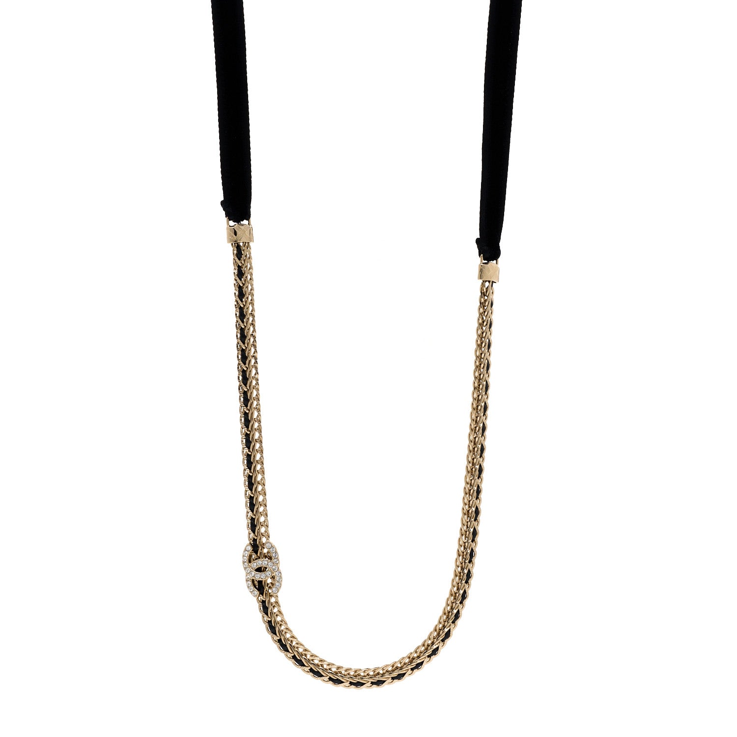 Chanel Metal Lambskin Crystal CC Chain Tie Headband Gold Black 1 of 5