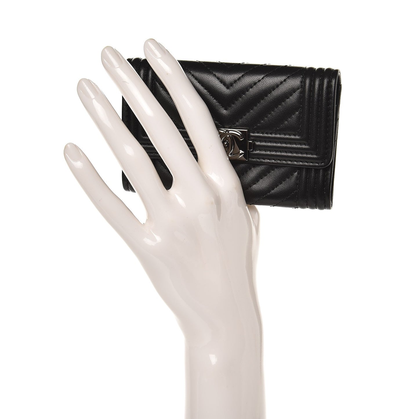 Lambskin Chevron Quilted Boy Card Holder Wallet Black