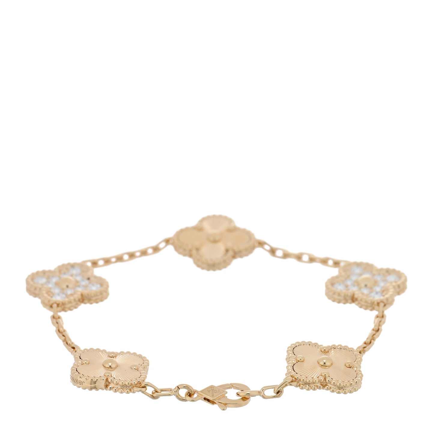 18K Yellow Gold Diamond 5 Motifs Guilloche Vintage Alhambra Bracelet