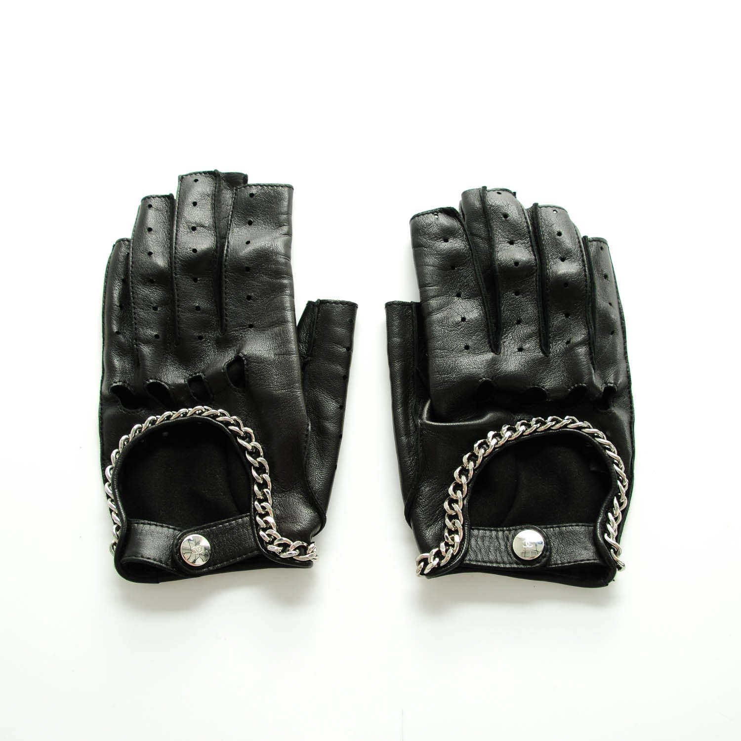 Chanel Lambskin Perforated Fingerless Chain CC Gloves 7.5 Black 2 of 7