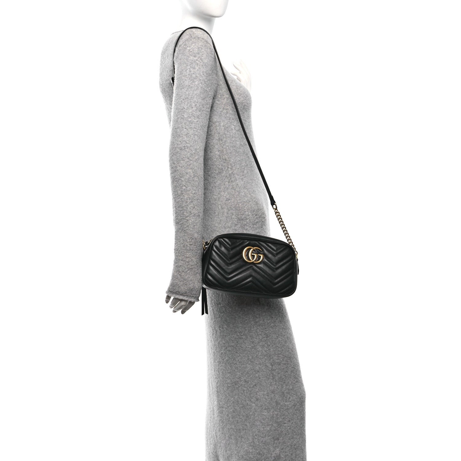 Gucci Calfskin Matelasse Small GG Marmont Chain Shoulder Bag Black 3 of 10