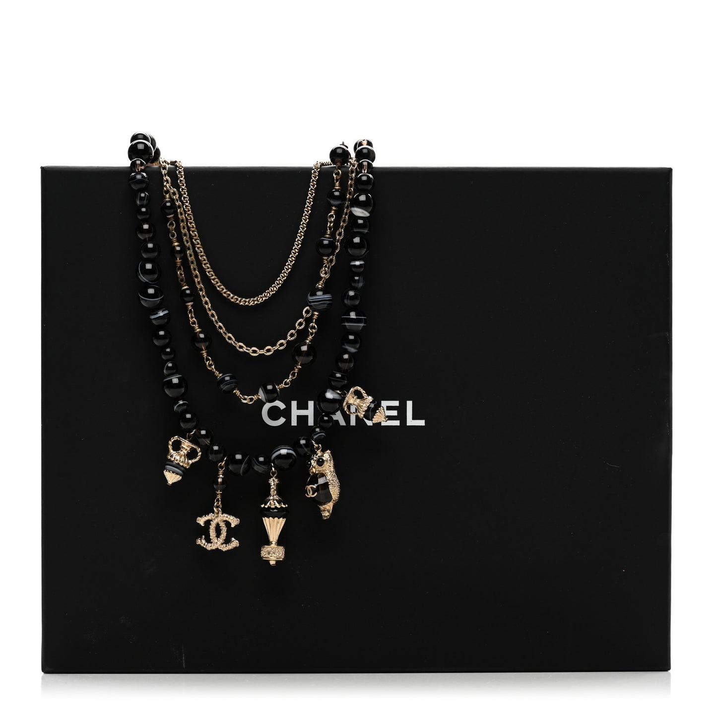 Resin Glass CC Beaded Charms Multi Strand Short Necklace Gold Black