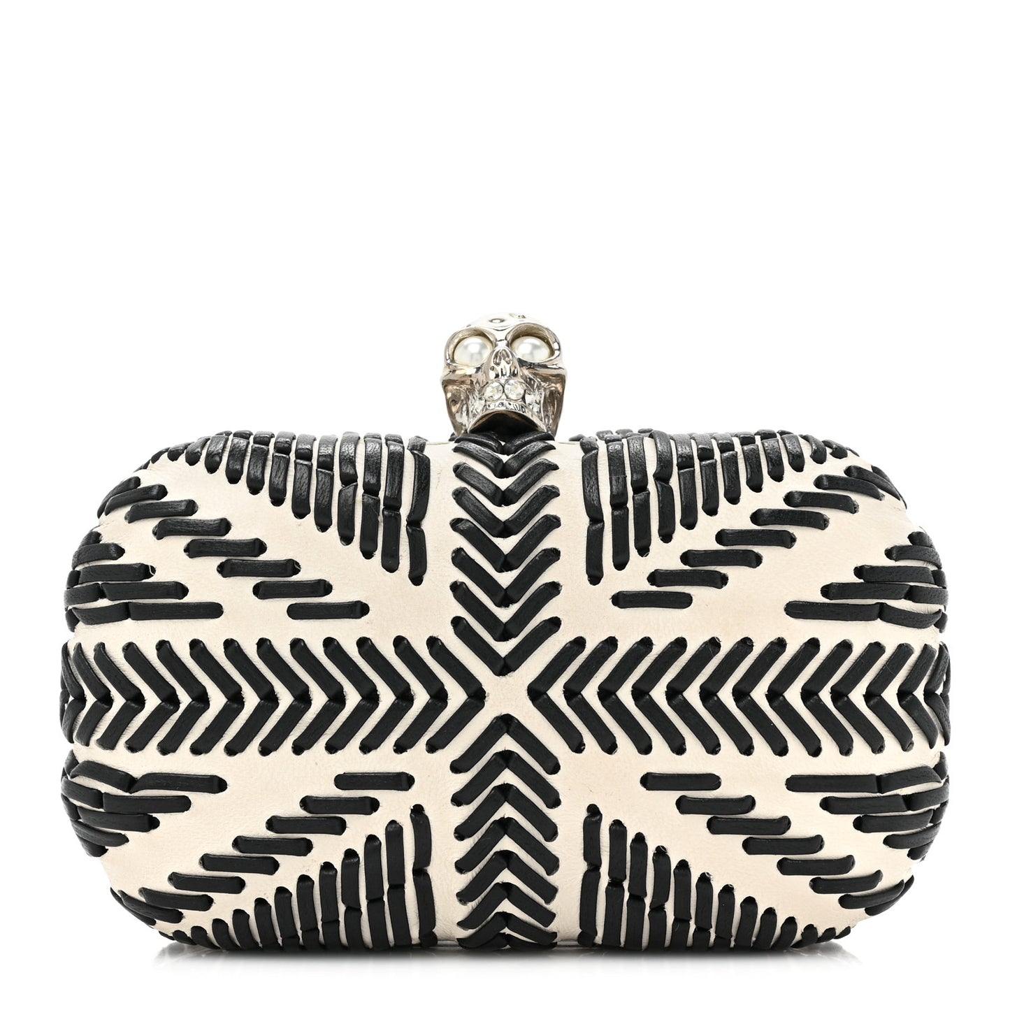 Calfskin Whipstitch Britannia Skull Box Clutch White Black
