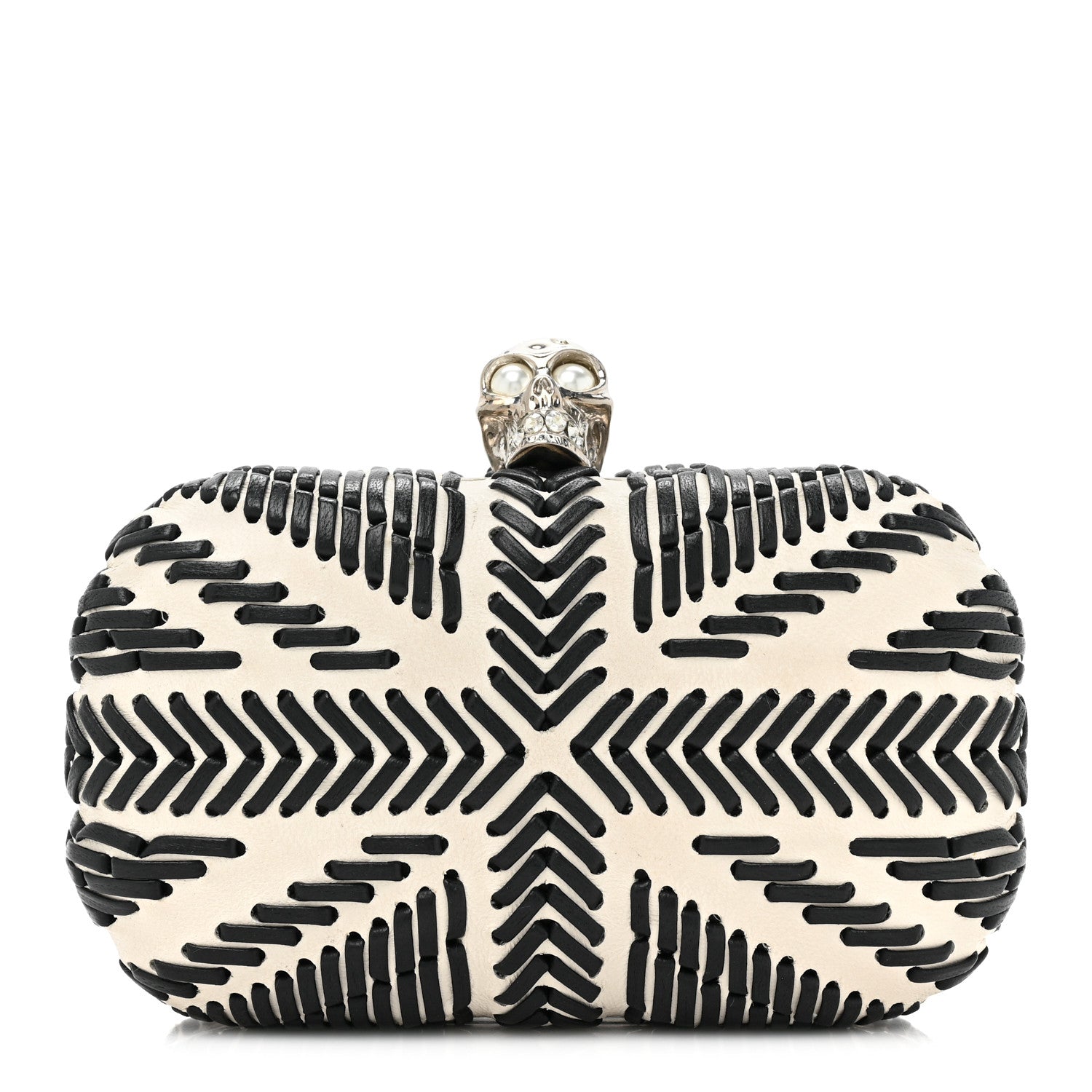 Alexander McQueen Calfskin Whipstitch Britannia Skull Box Clutch White Black 1 of 10