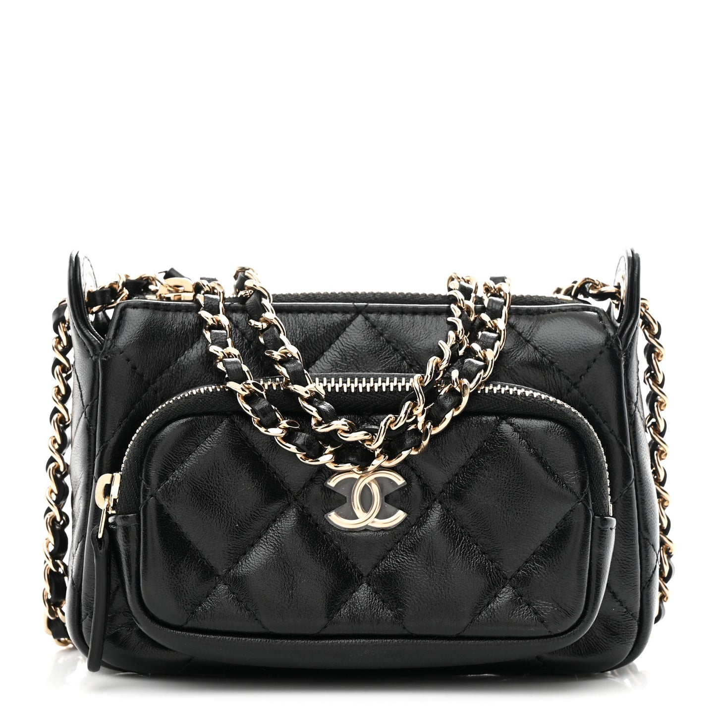 Shiny Crumpled Lambskin Quilted Mini Clutch With Chain Black